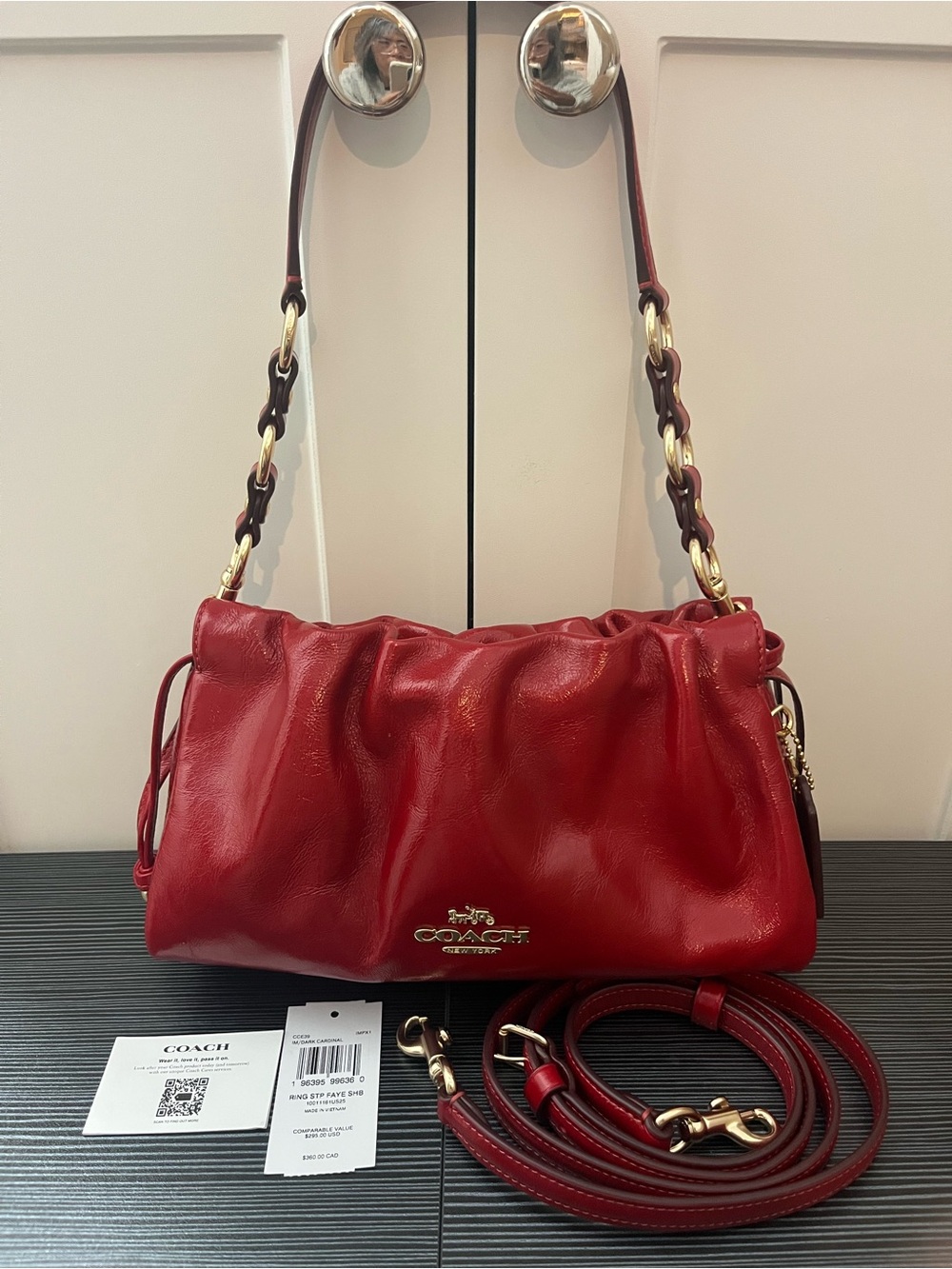 Coach Faye Red Glazed Leather Shoulder Bag with Gold Chain-Link Strap